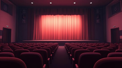 Red Curtain Theater Interior with Empty Seats