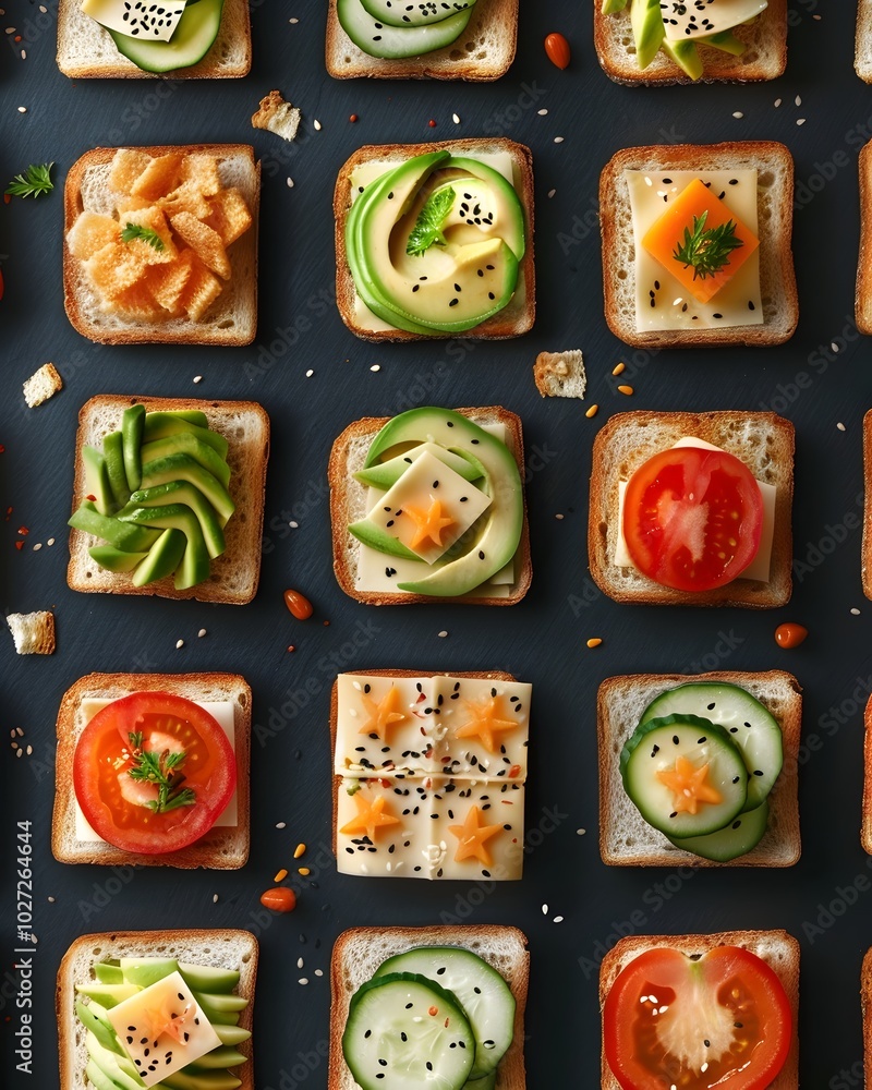 Poster a modern 3d pattern of miniature toast slices with fresh toppings