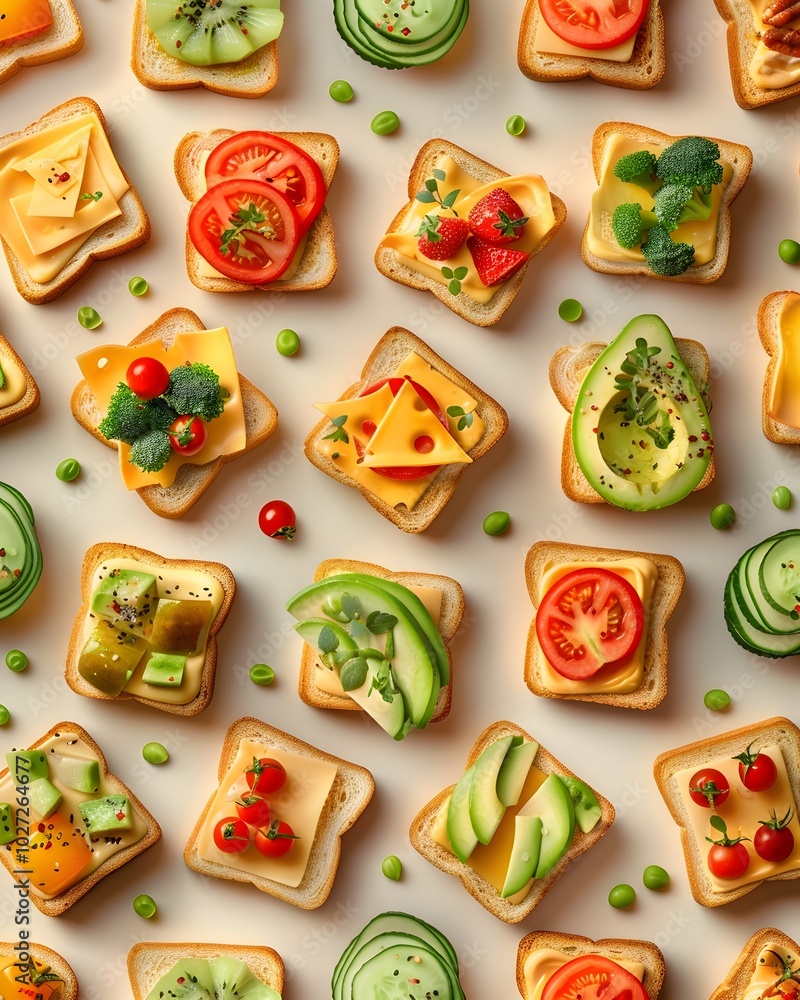 Poster a 3d miniature food pattern featuring assorted toast toppings on a fresh modern background