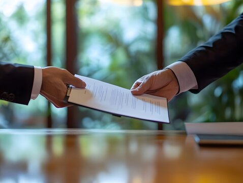Two people passing a contract across a negotiation table, document exchange, formal business agreement
