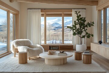 Cozy modern living room with scenic mountain view.