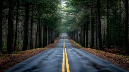 Fototapeta premium Road disappearing into the distance among tall pines, endless possibilities