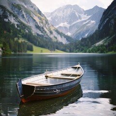 Fototapeta premium A wooden rowboat floats serenely on a tranquil mountain lake, surrounded by lush greenery and majestic peaks in the distance.