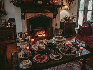 A cozy indoor Halloween party with close friends, themed snacks, and vintage-style decorations, set around a fireplace.