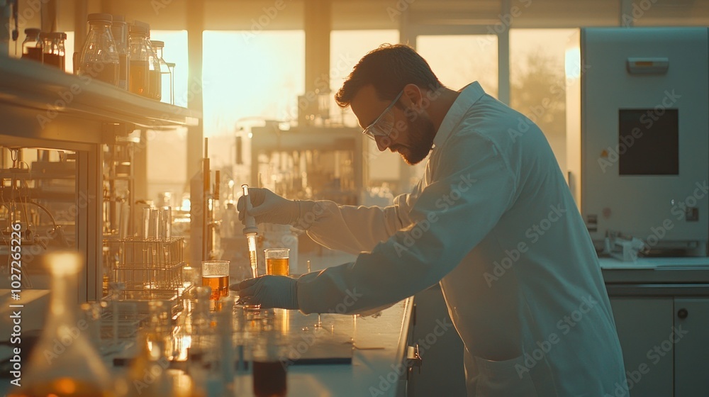 Poster scientist working with chemicals in a laboratory setting