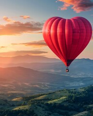 Fototapeta premium Heart Shaped Hot Air Balloon Floating Over Scenic Landscape at Dusk Symbolizing Love and Adventure