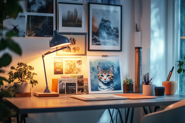 Artistic desk with cat portrait in warm lighting