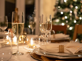 A cozy New Year's Eve dinner with clean, elegant table settings, focusing on quality time with loved ones and meaningful conversations