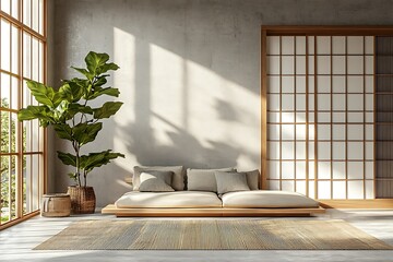Minimalist living room with natural light and greenery.