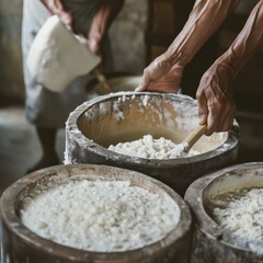 Fototapeta premium Hands skillfully mix ingredients in large wooden barrels, capturing the artisanal process of traditional food preparation.