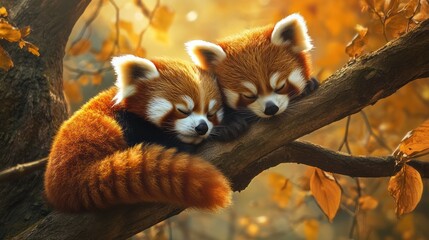 Fototapeta premium Two Red Pandas Napping in a Tree