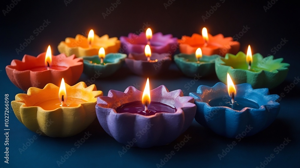 Poster several lit clay diya lamps vibrant colors arranged in a circular pattern casting soft shadows on a 