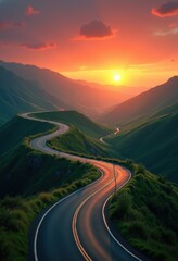 A winding road through breathtaking mountains at sunset, showcasing nature's beauty and serenity, ideal for travel, landscape, and adventure themes.