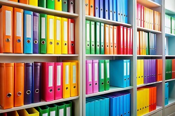 A colorful shelf of binders with different colors and sizes