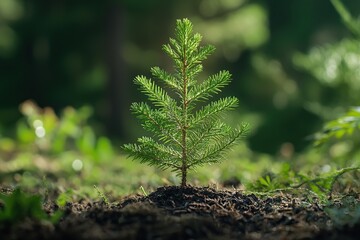 Young pine tree sapling planted in forest soil