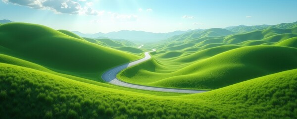 Obraz premium A serene landscape featuring lush green hills and a winding road. Perfect for nature themes, travel promotions, or environmental projects.
