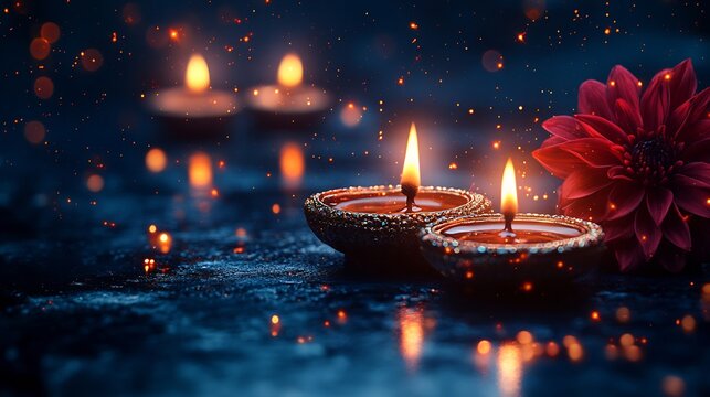 Sophisticated Diwali festival banner adorned shimmering stars and elegant mandalas set on a deep blue background leaving a prominent central area for personalized text or wishes