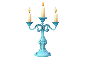 Fototapeta premium A blue ornate candelabra with three lit candles, transparent background