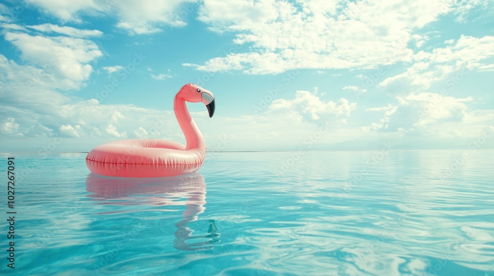 Poster a pink inflatable flamingo is floating in the ocean