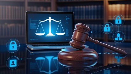 judges gavel with modern laptop, imposing judges gavel beside modern laptop surrounded by holographic legal icons