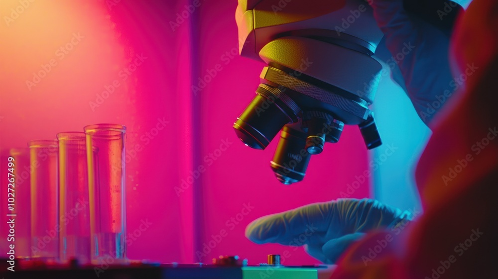 Poster Close-up of a Microscope Lens with Test Tubes and a Gloved Hand in a Lab