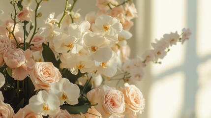 White Orchids and Peach Roses in a Sunlit Room