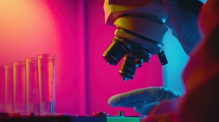 Close-up of a Microscope Lens with Test Tubes and a Gloved Hand in a Lab