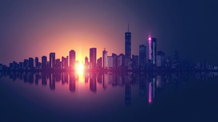 Fototapeta premium Silhouette of a Modern Cityscape with Reflections in Water at Sunset