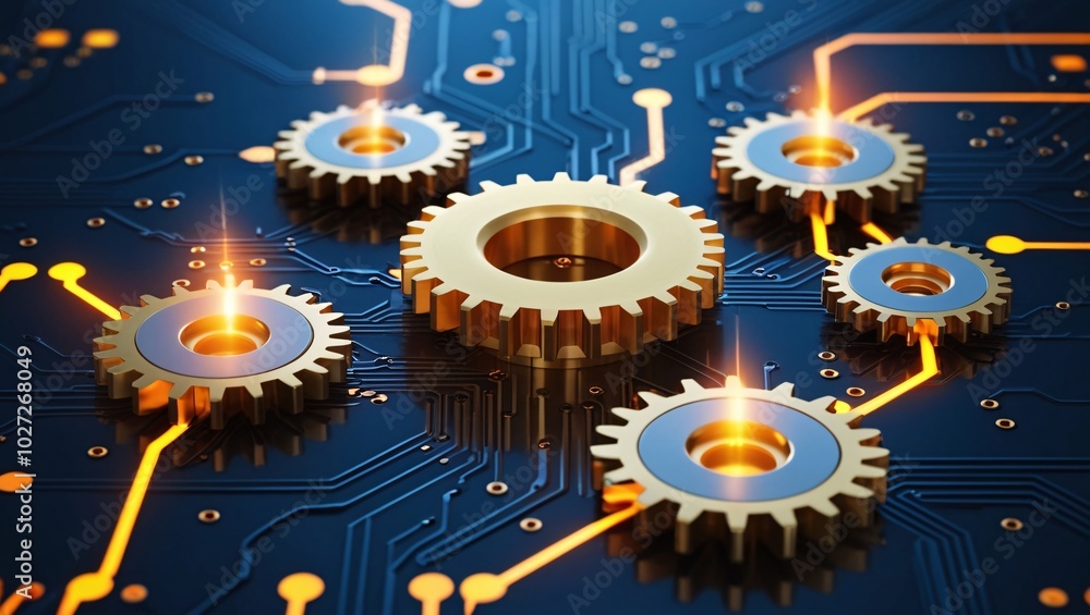 Poster technology and business processes concept, gears and circuitry symbolizing synergy between technolog