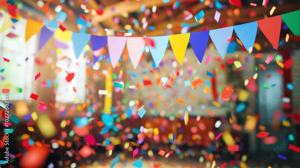 Poster colorful confetti falling in a festive setting with triangular flags