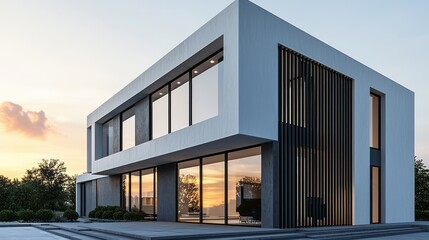 Luxurious modern house with white concrete, black wood slats for decoration, and large windows with gray metal accents at sunset