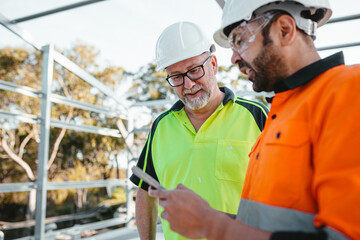 Two men wearing safety gear on the work site with one holding a mobile device