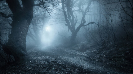 Fototapeta premium A dark and eerie forest path, with mist rolling in, twisted trees, and a glowing figure in the distance.