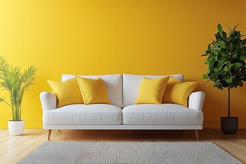 Bright living room with a white sofa and yellow accents.