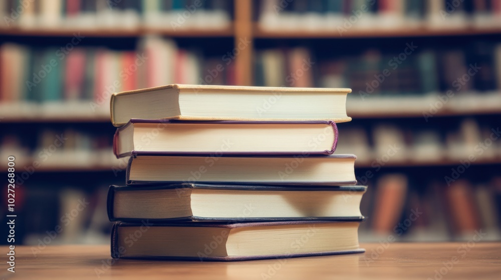 Poster stack of books in front of blurred bookshelf