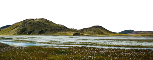 Panorama view of forest mountains with river farm range in the distant horizon, Adventure cut out transparent isolated on white background PNG file. Warm hues and green grass.