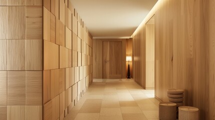 Natural wood paneled wall with tiled square blocks &ndash; rustic wooden wallcovering design for textured interiors, wood-themed backgrounds, and creative wallpaper projects featuring warm, organic wood fin