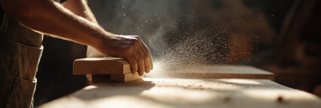 A skilled artisan is carefully sanding a wooden piece with fine detail in a sunlit workshop, creating a soothing shower of sawdust as light streams in.