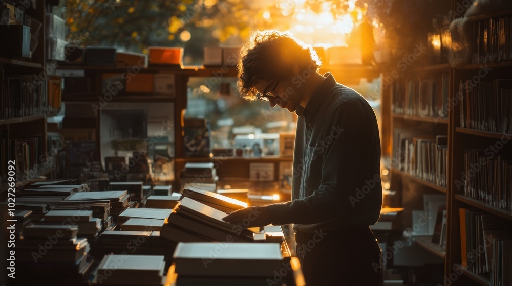 Poster A Man Browsing Books In A Bookstore With Golden Sunlight Streaming Through The Window