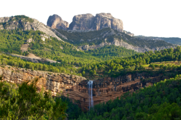 Panorama view of forest mountains with waterfall in middle of rocky arch, adventure cut out transparent isolated on white background PNG file. Warm hues and green grass.