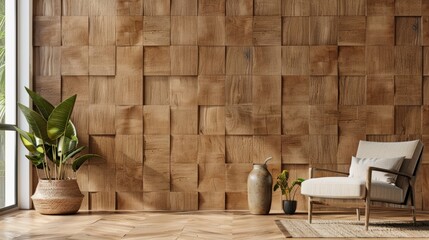 Natural wood paneled wall with tiled square blocks – rustic wooden wallcovering design for textured interiors, wood-themed backgrounds, and creative wallpaper projects featuring warm, organic wood fin