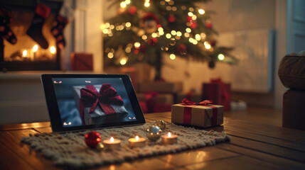 A digital Christmas card on a tablet screen, featuring an animated holiday scene with twinkling lights and a personalized message