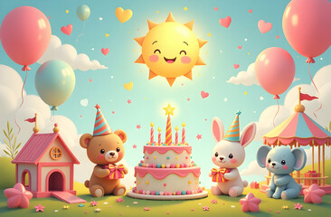 Obraz premium An adorable scene featuring cheerful teddy bears, a bunny, and an elephant celebrating a birthday. Colorful balloons, a delicious cake with candles, under a bright sun surround them