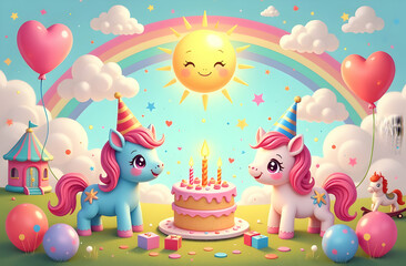 Obraz premium An adorable scene featuring cheerful teddy bears, a bunny, and an elephant celebrating a birthday. Colorful balloons, a delicious cake with candles, under a bright sun surround them