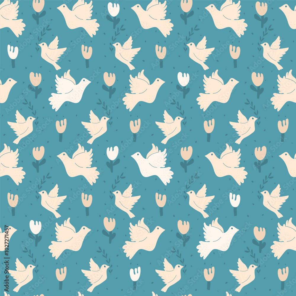 Poster dove and flowers seamless pattern. flying pigeon with florals continuous background. surface pattern