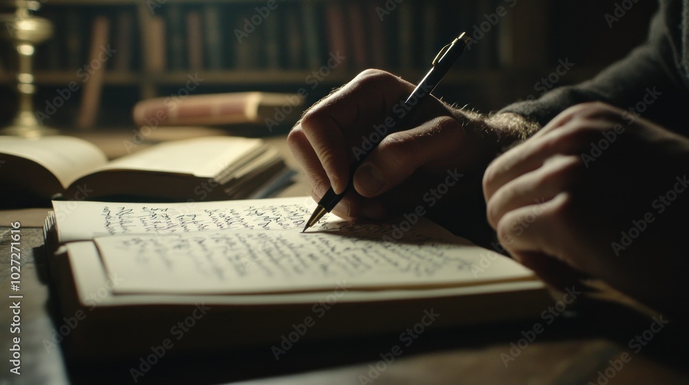 Poster A Hand Writing in a Notebook with a Pen