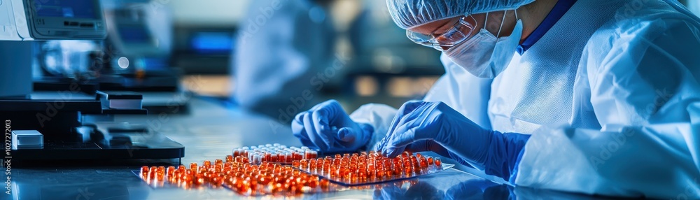 Poster scientist inspecting and sorting red capsules in a laboratory setting, focused and meticulous in wor