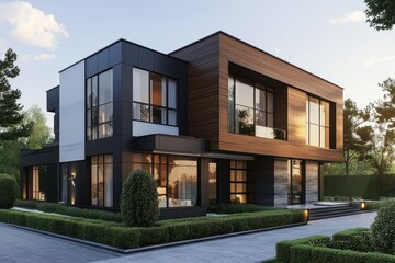 Luxurious urban house with sleek wood detailing, large windows, and a contemporary black and white facade