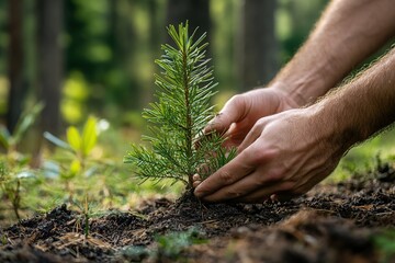 Male hands taking care of small pine tree sapling in the forest