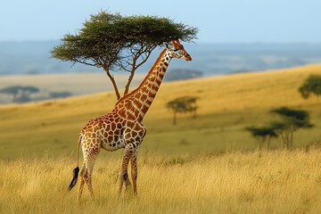 Fototapeta premium a peaceful scene of a giraffe stretching its long neck to reach the leaves of a tall acacia tree. the vast savannah stretches out in the background.